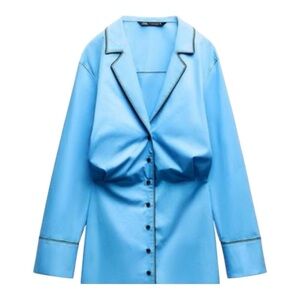 💙 ZARA Blue Short Trench Mini Dress Size S – Contrast Piping, Lapel Collar